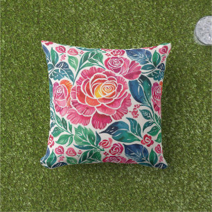 Roze rozen en Blauwgroen bloemen Buitenkussen