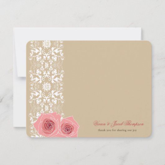 Roze rozen en Damask Lace Romantic Chic Wedding Bedankkaart (Voorkant)