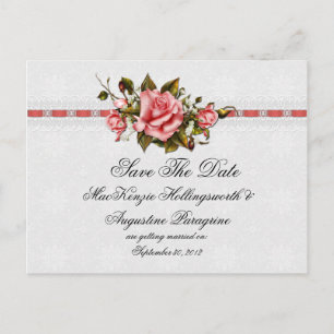 Roze Rozen en Damask Print Bewaar de datum Aankondigingskaart