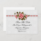  Roze Rozen en Damask Print Bewaar de datum Aankondigingskaart (Voorkant / Achterkant)