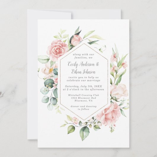 Roze Rozen en Eucalyptus Goud Geometrisch Lijst Kaart (Voorkant)