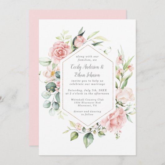 Roze Rozen en Eucalyptus Goud Geometrisch Lijst Kaart (Voorkant / Achterkant)