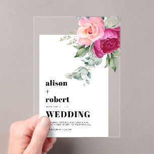 Roze rozen en eucalyptus wit lijst bruiloft acryl uitnodigingen