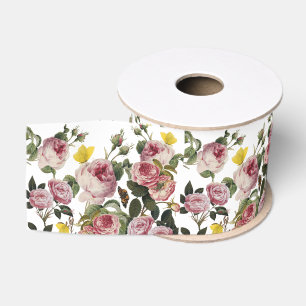 ROZE ROZEN EN GELE VLINDERS Witte Bloemen Grosgrain Lint