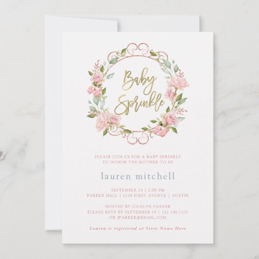 roze rozen en Gold Script | Baby Sprinkle Kaart (Voorkant)