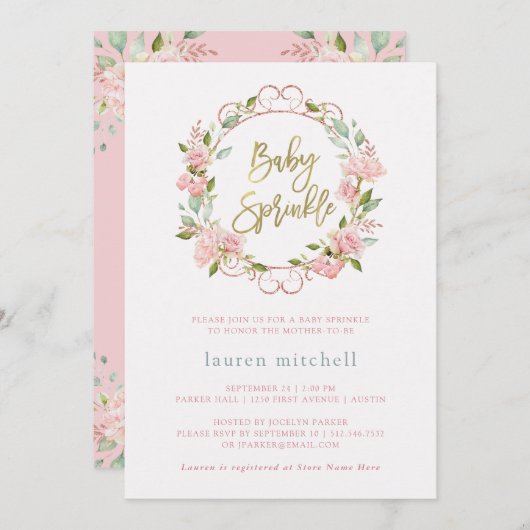  roze rozen en Gold Script | Baby Sprinkle Kaart (Voorkant / Achterkant)