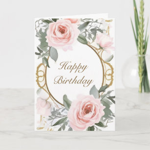 Roze Rozen en Goud Lijst Verjaardag Kaart