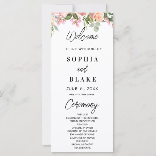Roze rozen en het Groene Groenery Wedding Programm (Voorkant)