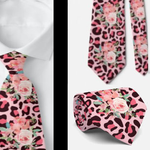 Roze rozen en luipaardprint punkrockstropdas stropdas