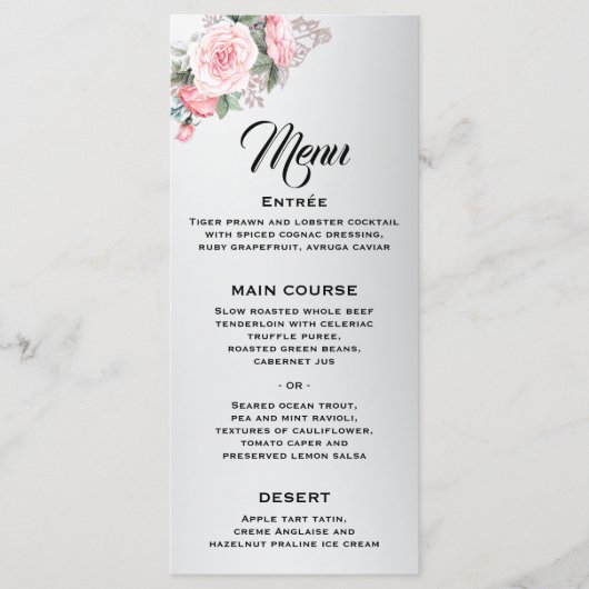 Roze rozen en Luxe Silver Wedding Menu (Voorkant)