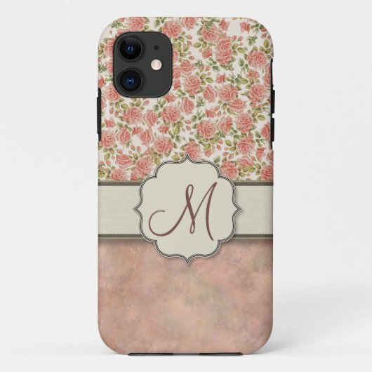 roze rozen en marmer met monogram Case-Mate iPhone case (Achterkant)