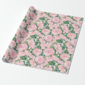 Roze Rozen en Monstera bladeren Bloemen Cadeaupapier (Uitgerold)