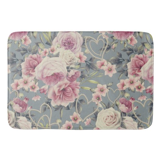 roze rozen en parelharten grijs patroon badmat (Voorkant)