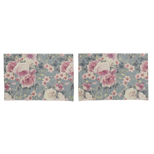 roze rozen en parelharten grijs patroon kussensloop (Voorkant-Set)