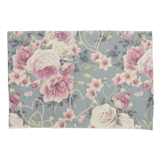 roze rozen en parelharten grijs patroon kussensloop (Voorkant-Links)