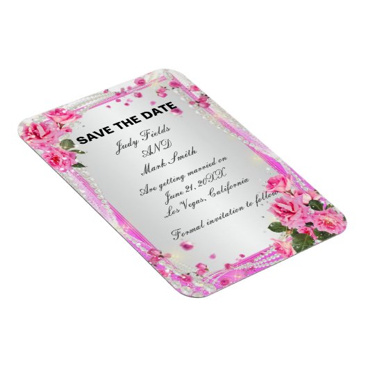 Roze rozen en parels bewaren de datum magneet (Rechterzijde)