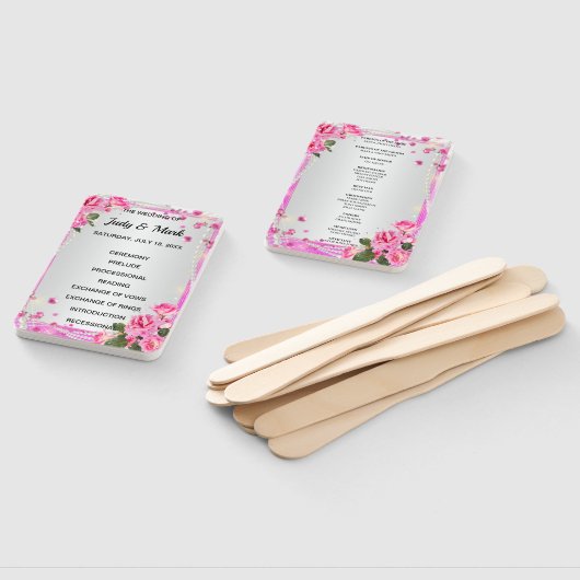 Roze rozen en parels bruiloft programma handwaaier (Niet-gemonteerd)