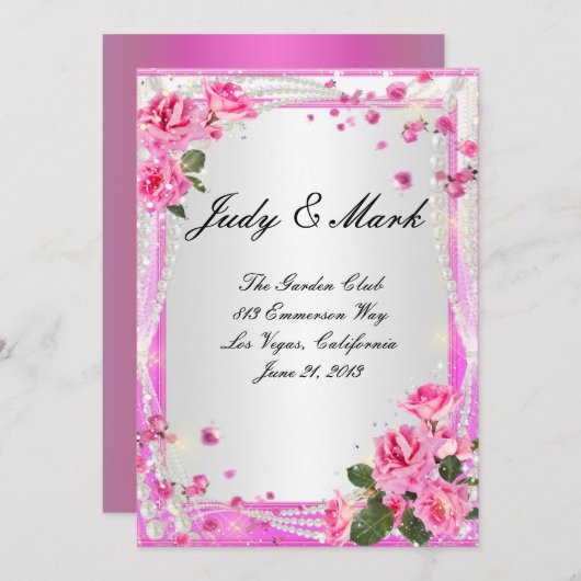 Roze Rozen En Parels Bruiloftsmenu Kaart (Voorkant / Achterkant)