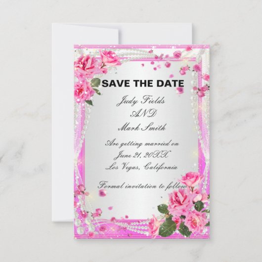 Roze Rozen En Parels Save The Date Kaart (Voorkant)