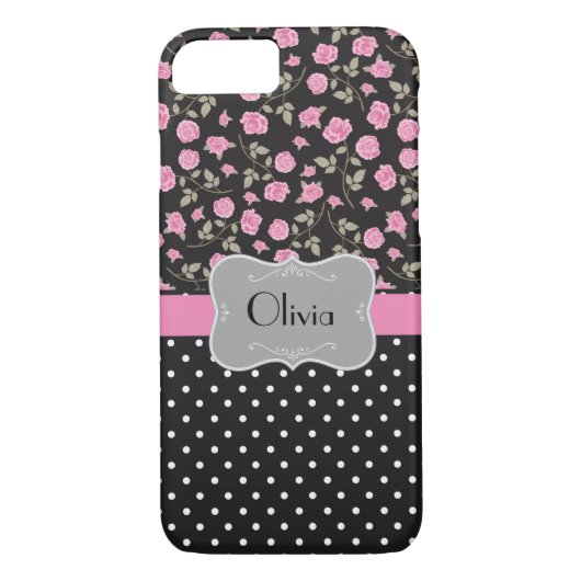 Roze rozen en pooldots op zwart - Case-Mate iPhone case (Achterkant)