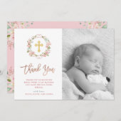 Roze rozen en Roos Gold Script | Fotobaptisme Bedankkaart (Voorkant / Achterkant)