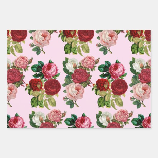  roze rozen en roze strips set van 3 inpakpapier vel (Voorkant)
