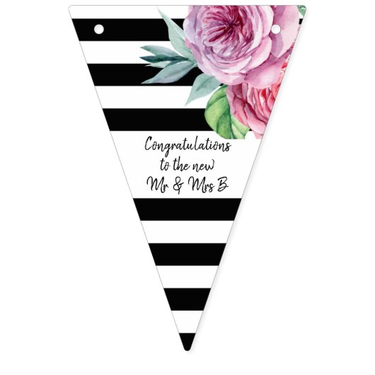 Roze Rozen en Strepen  Bloemenbruiloft Vlaggetjes (Eerste vlag)