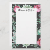 Roze rozen en Succulent Cactus Patroon op zwart Briefpapier (Voorkant / Achterkant)