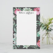 Roze rozen en Succulent Cactus Patroon op zwart Briefpapier (Staand voorkant)