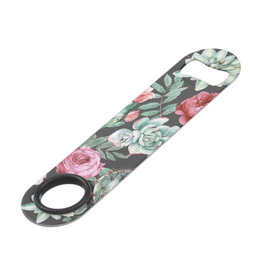 Roze rozen en Succulent Cactus Patroon op zwart Speed Flessenopener (Achterkant Gekanteld)