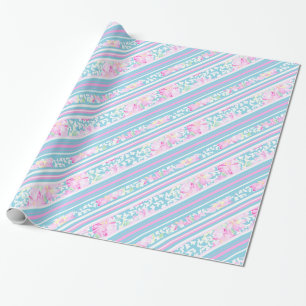  Roze Rozen en Turquoise Strepen Giftwrap Cadeaupapier