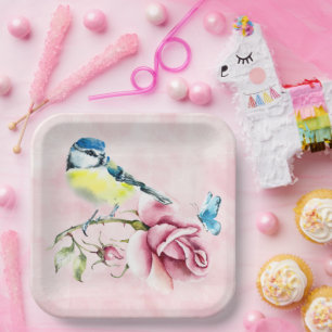 Roze Rozen en Vogelpapier Bord