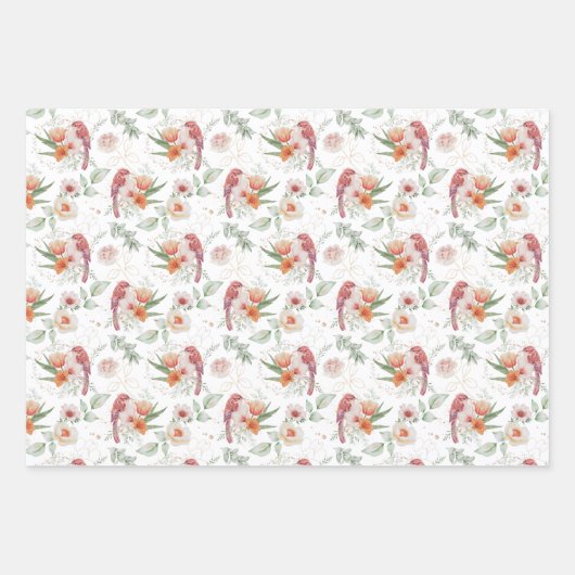 Roze Rozen en Vogels Trouw Waterverf  Inpakpapier Vel (Voorkant)