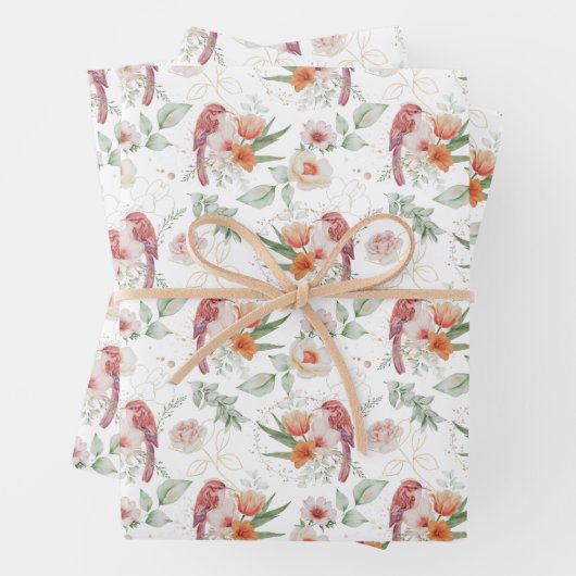 Roze Rozen en Vogels Trouw Waterverf Inpakpapier Vel (In situ)