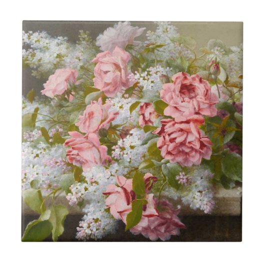 roze rozen en witte Lilacs Tile Tegeltje (Voorkant)