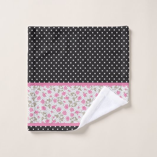 roze rozen en zwarte en witte pooldots bad handdoek (Wasdoekje)