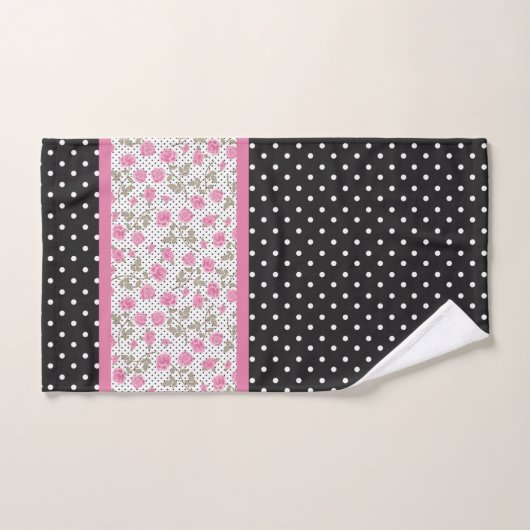 roze rozen en zwarte en witte pooldots bad handdoek (Handdoek)