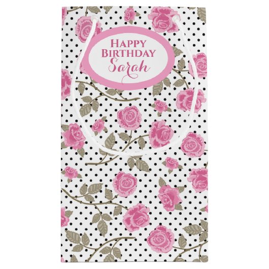 Roze rozen en zwarte poladots, monogrammen klein cadeauzakje (Achterkant)