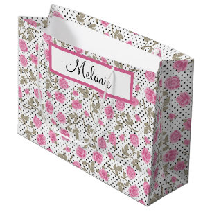 Roze rozen en zwarte pooldots groot cadeauzakje