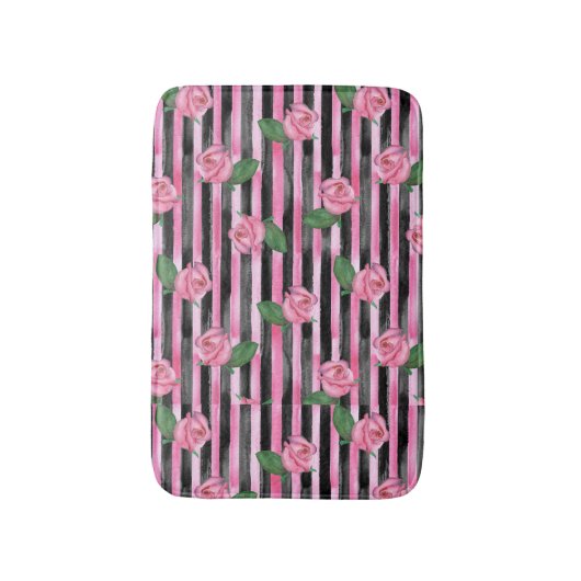 Roze Rozen en Zwarte Strepen Badkleed Badmat (Voorkant Verticaal)