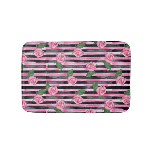 Roze Rozen en Zwarte Strepen Badkleed Badmat (Voorkant)