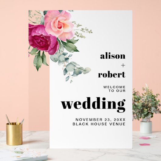 Roze rozen eucalyptus bruiloft WELKOM Acryl Bord (Huwelijk)