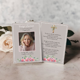 Roze Rozen & Eucalyptus Herdenkingsfoto Gebedskaar Visitekaartje
