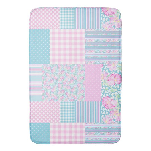  roze rozen faux patchwork Bath Mat (Voorkant Verticaal)