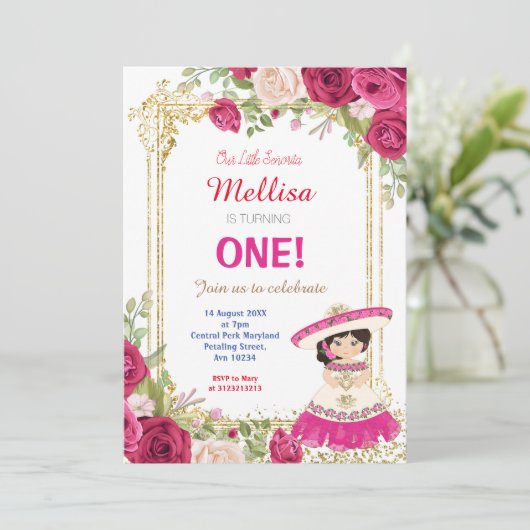 Roze Rozen Fiesta Verjaardag Uitnodiging (Staand voorkant)