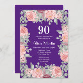 Roze Rozen Flora Groen Paarse 90e Verjaardag Kaart (Voorkant / Achterkant)