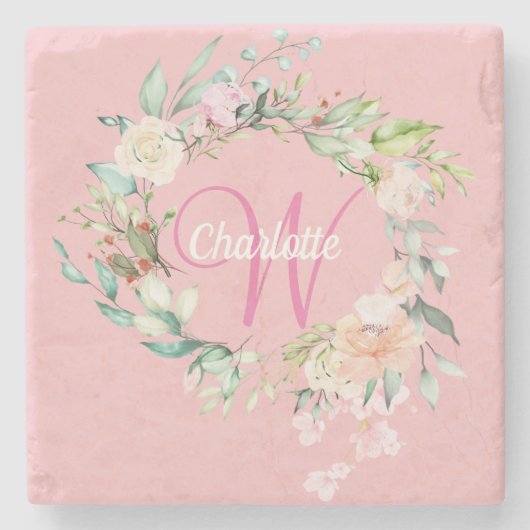 Roze  Rozen Floral Elegant Script Monogram Stenen Onderzetter (Voorkant)