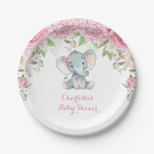 Roze rozen Floral Elephant Baby shower 7-inch Bord