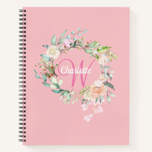 Roze  Rozen Floral Monogram Girly Script Notitieboek