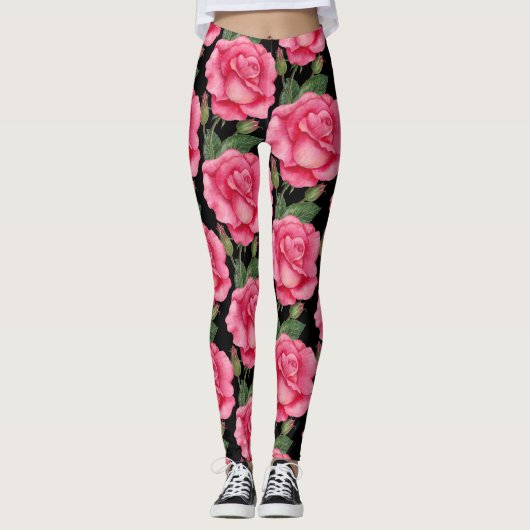 Roze rozen Floral Pattern Black Achtergrond Leggings (Voorkant)